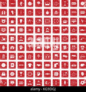 100 clock icons set grunge red Stock Vector