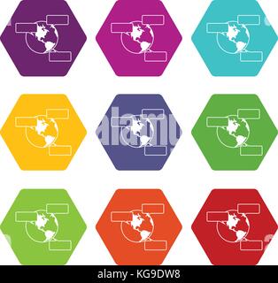 Globe and empty speech bubbles icon set color hexahedron Stock Vector