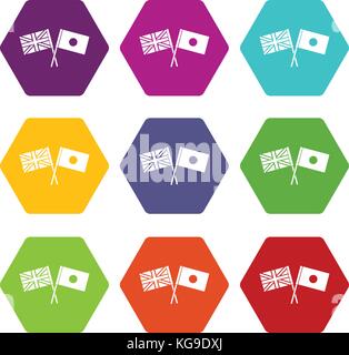 UK and Japan flags crossed icon set color hexahedron Stock Vector