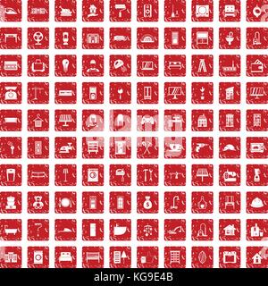 100 comfortable house icons set grunge red Stock Vector