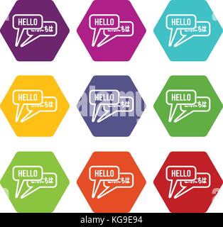 Bubble speeches with greetings inside icon set color hexahedron Stock Vector