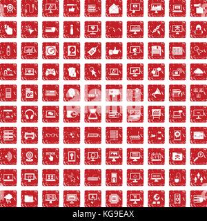 100 computer icons set grunge red Stock Vector