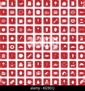 100 confectionery icons set grunge red Stock Vector