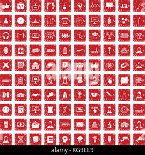 100 conference icons set grunge red Stock Vector