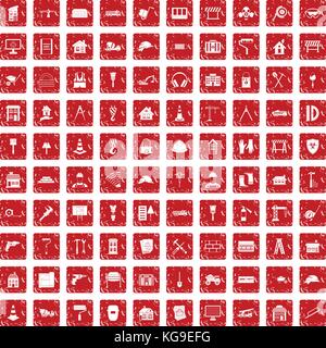 100 construction icons set grunge red Stock Vector