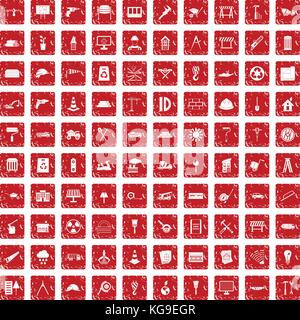 100 construction site icons set grunge red Stock Vector