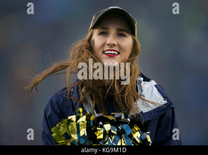 November 04, 2017: Notre Dame cheerleader performs during NCAA football game action between the Wake Forest Demon Deacons and the Notre Dame Fighting Irish at Notre Dame Stadium in South Bend, Indiana. Notre Dame defeated Wake Forest 48-37. John Mersits/CSM Stock Photo