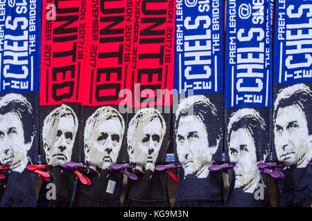 London UK. 5th November 2017. Football scarves with the faces of Jose Mourinho and Antonio Conte  ahead of the Chelsea v Manchester United game the last match being played before  English Premier League games are suspended for Remembrance Sunday weekend Credit: amer ghazzal/Alamy Live News Stock Photo