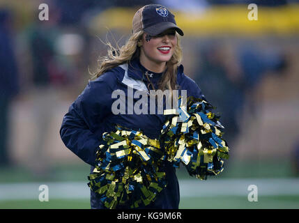 November 04, 2017: Notre Dame cheerleader performs during NCAA football game action between the Wake Forest Demon Deacons and the Notre Dame Fighting Irish at Notre Dame Stadium in South Bend, Indiana. Notre Dame defeated Wake Forest 48-37. John Mersits/CSM Stock Photo