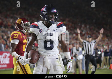 Los Angeles, CA, USA. 4th Nov, 2017. November 4, 2017: Arizona Wildcats wide receiver Shun Brown (6) does a quiet celebration look as the Wildcats fight back to keep the game close in the second half in the game between the Arizona Wildcats and the USC Trojans, The Los Angeles Memorial Coliseum in Los Angeles, CA. Peter Joneleit Credit: Peter Joneleit/ZUMA Wire/Alamy Live News Stock Photo