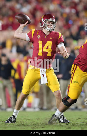 Los Angeles, CA, USA. 4th Nov, 2017. November 4, 2017: USC Trojans quarterback Sam Darnold (14) makes a pass attempt in the game between the Arizona Wildcats and the USC Trojans, The Los Angeles Memorial Coliseum in Los Angeles, CA. Peter Joneleit Credit: Peter Joneleit/ZUMA Wire/Alamy Live News Stock Photo