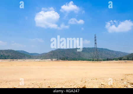 High voltage power lines electric pole in nature. Stock Photo