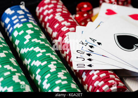 Casino Poker Chips, dice and cards Stock Photo