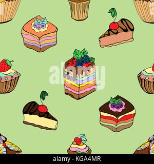 Seamless pattern set of different kinds of pastries, cakes and desserts with cream, berries and fruit. hand drawn vector illustration Stock Vector