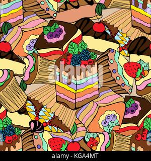 Seamless pattern set of different kinds of pastries, cakes and desserts with cream, berries and fruit. hand drawn vector illustration Stock Vector