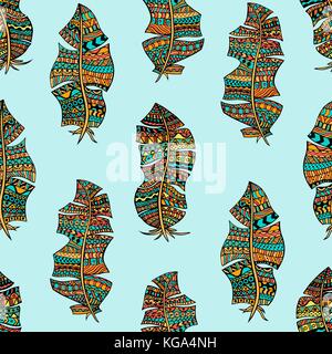 Hand drawn abstract doodle feathers seamless pattern. Vector art illustration for your design. Good for notebook cover, textile, wrapping paper, backg Stock Vector