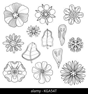 White and black doodle floral set. Fancy flowers and leaves design elements Stock Vector