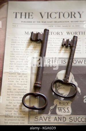 Two old keys and a newspaper at at the Hopper-Goetschius house museum in Upper Saddle River, New Jersey Stock Photo