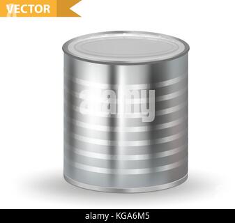 Realistic Metallic Tin Cans. 3d Tins containers. Isolated on white background. Mock-up  design for your product packing Canned Food. Vector illustrati Stock Vector