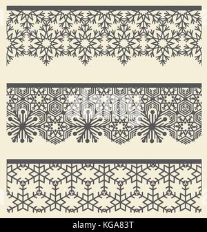 Floral lacy seamless border. Christmas Snow line pattern set. Tribal ethnic arabic, indian, turkish fashion ornamental decor. Headline, banner, card d Stock Vector