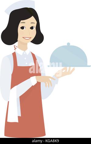 Cute waitress with the tray dish.Cartoon vector flat illustration design. Stock Vector