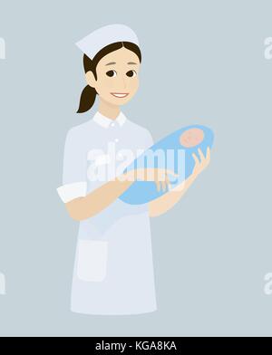 Nurse holding baby boy. Vector illustration of a maternal nurse take care of the baby boy. Stock Vector