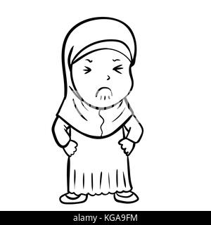 Hand drawing Frustrated Muslim Girl Cartoon, Isolated on white background. Black and White simple line Vector Illustration for Coloring Book - Line Dr Stock Vector