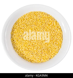 Panicum miliaceum is scientific name of Proso Millet cereal grain. Also known as Broomcorn Millet, Painco (portuguese) and Mijo (spanish). Top view of Stock Photo