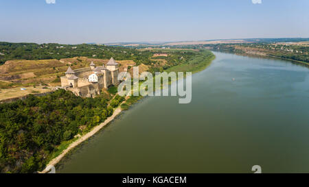 Aerial view of Khotyn medieval castle on the green hill above the river