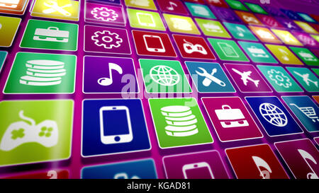 An amazing 3d rendering of a colorful application icons screen placed askew. The most frequent images are a shopping basket, a diplomatic case, airpla Stock Photo