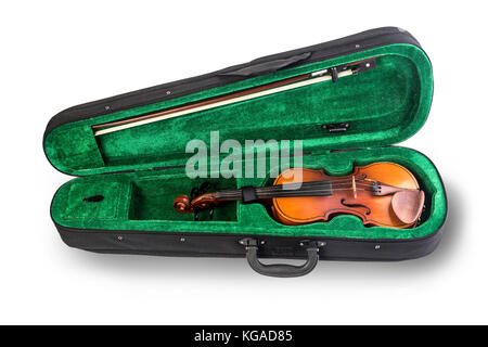 violin in the case of green isolated on white background Stock Photo