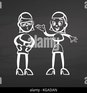 Stick men gossip sketch on chalkboard. Handdrawn vector sketch, clean outlines, vintage style blackboard. Stock Vector