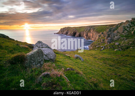 Inner Pendower Cove near Nanjizal, Porthgwarra and Land's End, at sunset in Cornwall.    Taken by JFPimages / Josef FitzGerald-Patrick Stock Photo