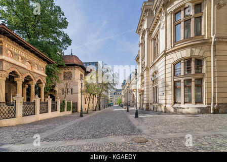 Stavropoleos Monastery and Strada Postei street, Lipscani, Bucharest, Romania, in a moment of tranquility Stock Photo