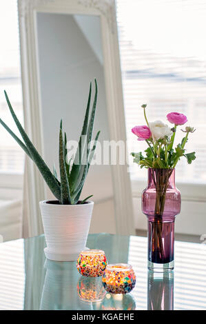 Aloe vera and a flower bouquet on a glass table Stock Photo