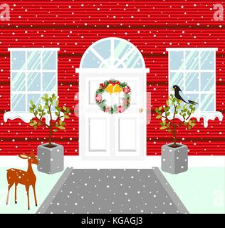 Christmas house outdoor decorations. Snowy weather vector illustration. Stock Vector