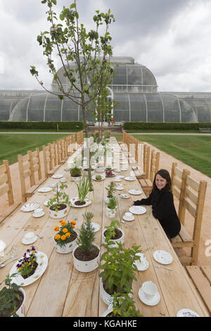 Pictured: Tea Party in the Rose Garden with designer Kirsti Davies. Kew Gardens launches summer festival 'IncrEdibles' with a 'Tutti Frutti Boating Experience' on Palm House Pond designed by Bompas & Parr, a 'Bouncy Carrot Patch' and an 'Alice in Wonderland'-inspired Tea Party in the Rose Garden. The Festival runs from 25 May to 3 November 2013, boating finishes 1 September. Stock Photo