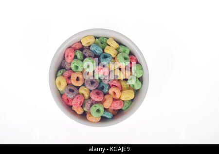 Bowl of Kellogg's Froot Loops cereal from above isolated on white background Stock Photo