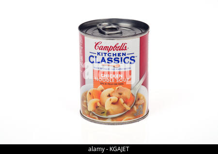 Can of Campbell’s Kitchen Classics Chicken Noodle Soup isolated on white background Stock Photo