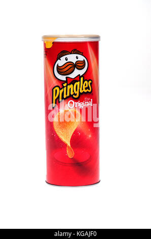 Pringles Original tube or can of potato snack chips by Kellogg's isolated on white background Stock Photo