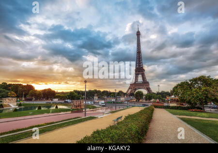The Eiffel Tower in Paris, France, at sunrise. Spectacular view from the Trocadero gardens. Colourful travel background. Popular travel destination. Stock Photo
