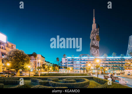 Batumi, Adjara, Georgia. Evening View On Building Of Black Sea Technological University Of Batumi From Park On Rustaveli Avenue. Stock Photo