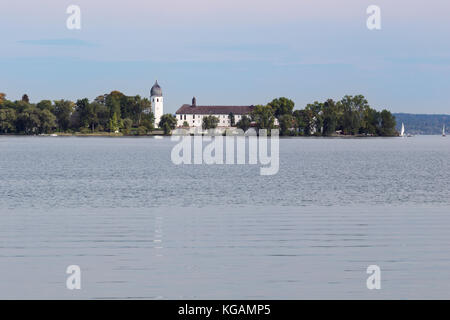 View of Frauenchiemsee island seen from Herreninsel island Stock Photo