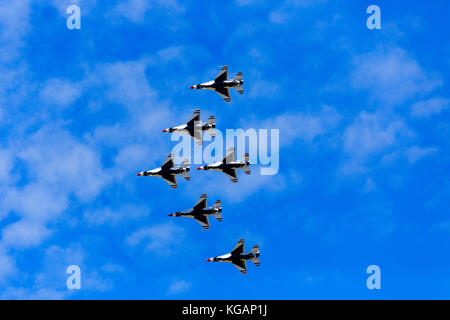 All six of the U.S. Air Force Thunderbirds perform a fly-by with their wings vertical during the 'Warriors Over the Wasatch' Air Show, Hill AFB, Utah. Stock Photo