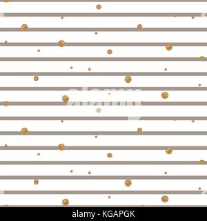 Striped beige and white seamless pattern with golden shimmer polka dots. Stock Vector