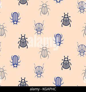 Blue line style beetle vector seamless pattern for print. Stock Vector
