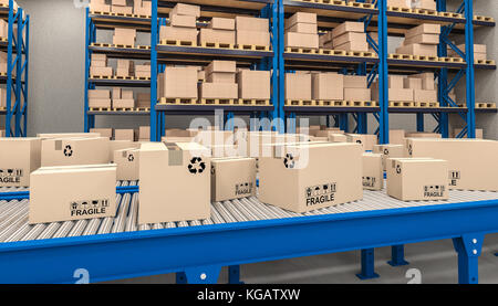 classic conveyor and boxes in warehouse 3d rendering image Stock Photo