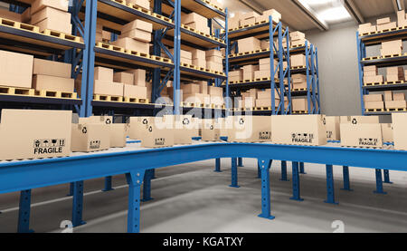 classic conveyor and boxes in warehouse 3d rendering image Stock Photo