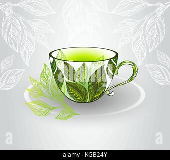 Porcelain cup decorated with patterned tea leaves on a gray background. Tea design. Stock Vector
