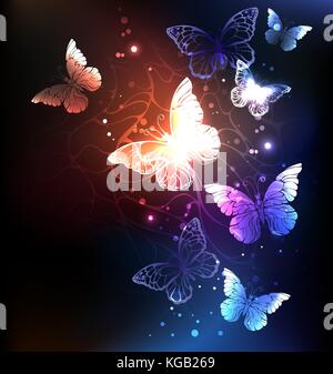 Night glowing butterflies on a dark abstract background. Night butterflies. Design with butterflies. Stock Vector